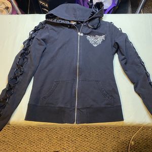 Harley Davidson Cotton Hoodie Womens M  Black w/ Silver Jeweled Design Zipper
